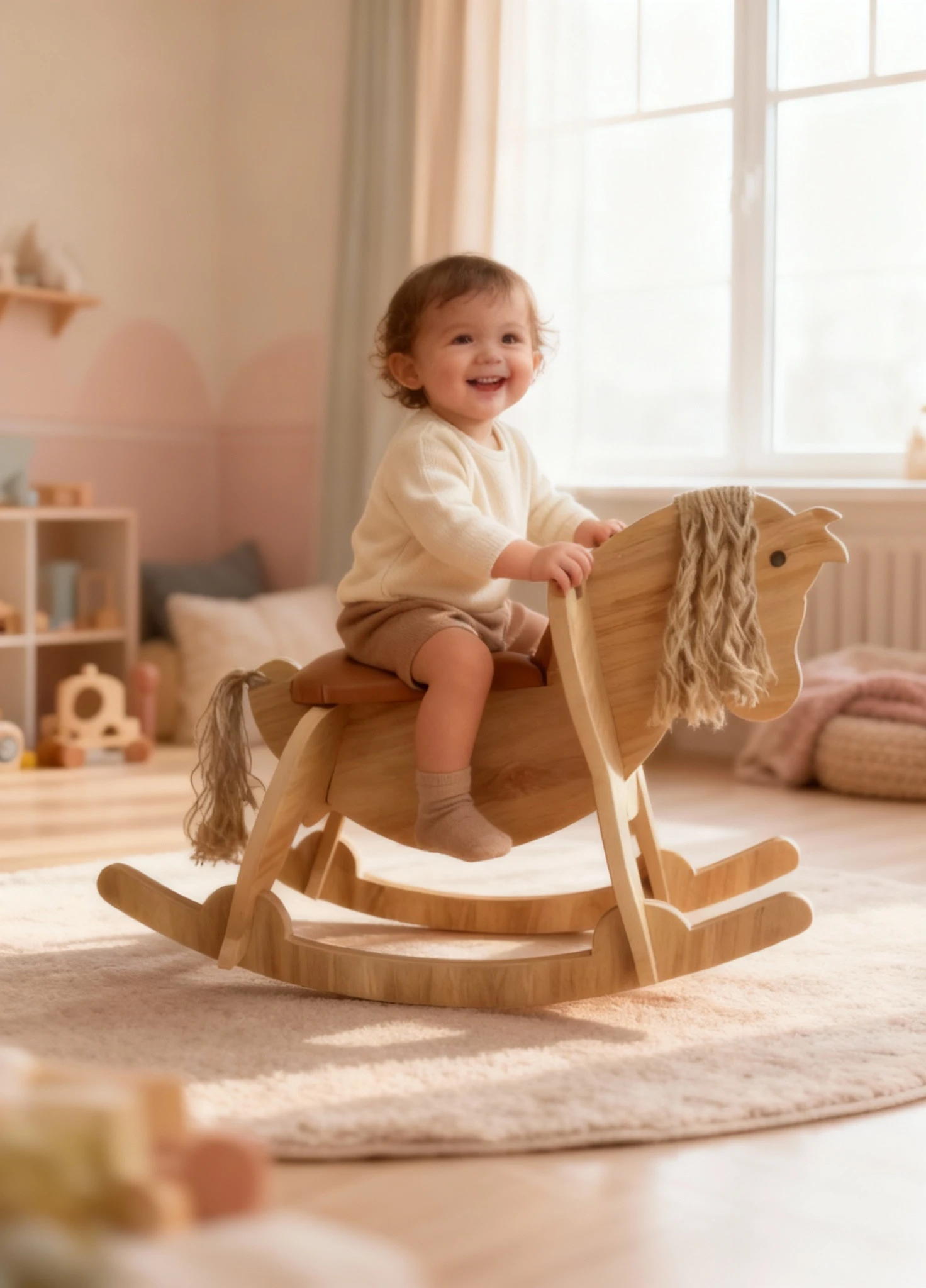 Deri Oturaklı Ahşap Sallanan At – Çocuk Eğitici Oyuncağı